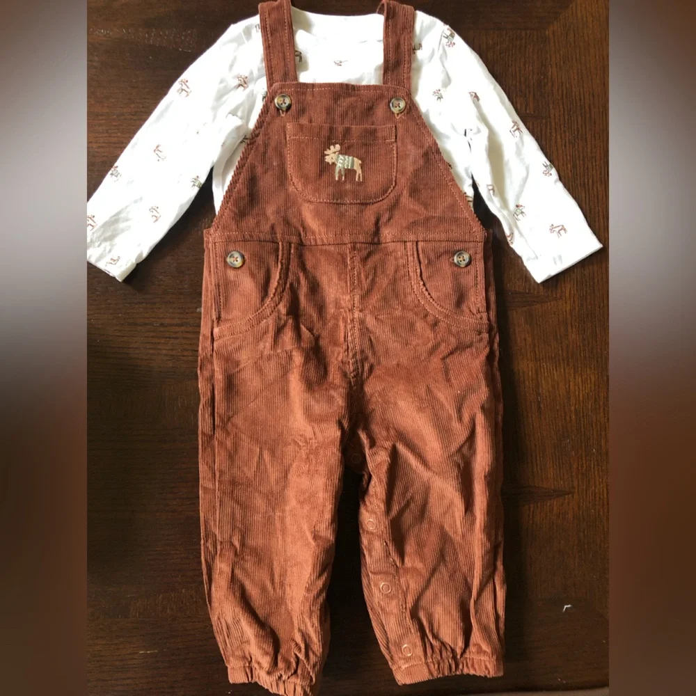 Carters Just One You 2pc Brown Moose Corduroy Overalls & Long Sleeve Top Sz 9 mo